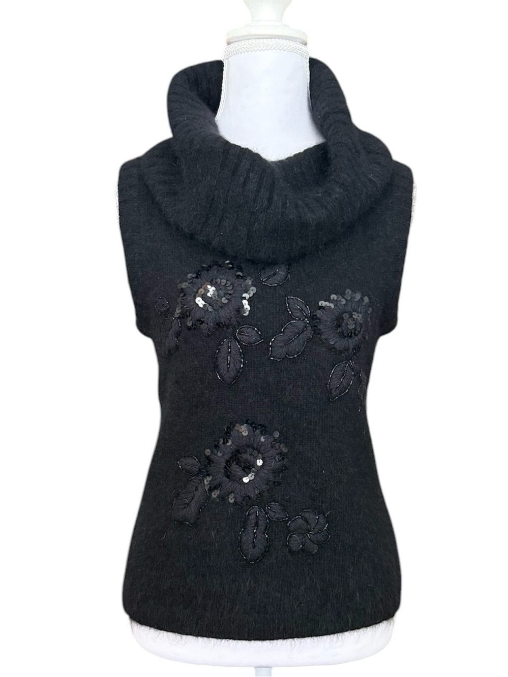 Vintage Cache Sleeveless Sweater Cowl Neck Black Lambswool Angora M Medium New